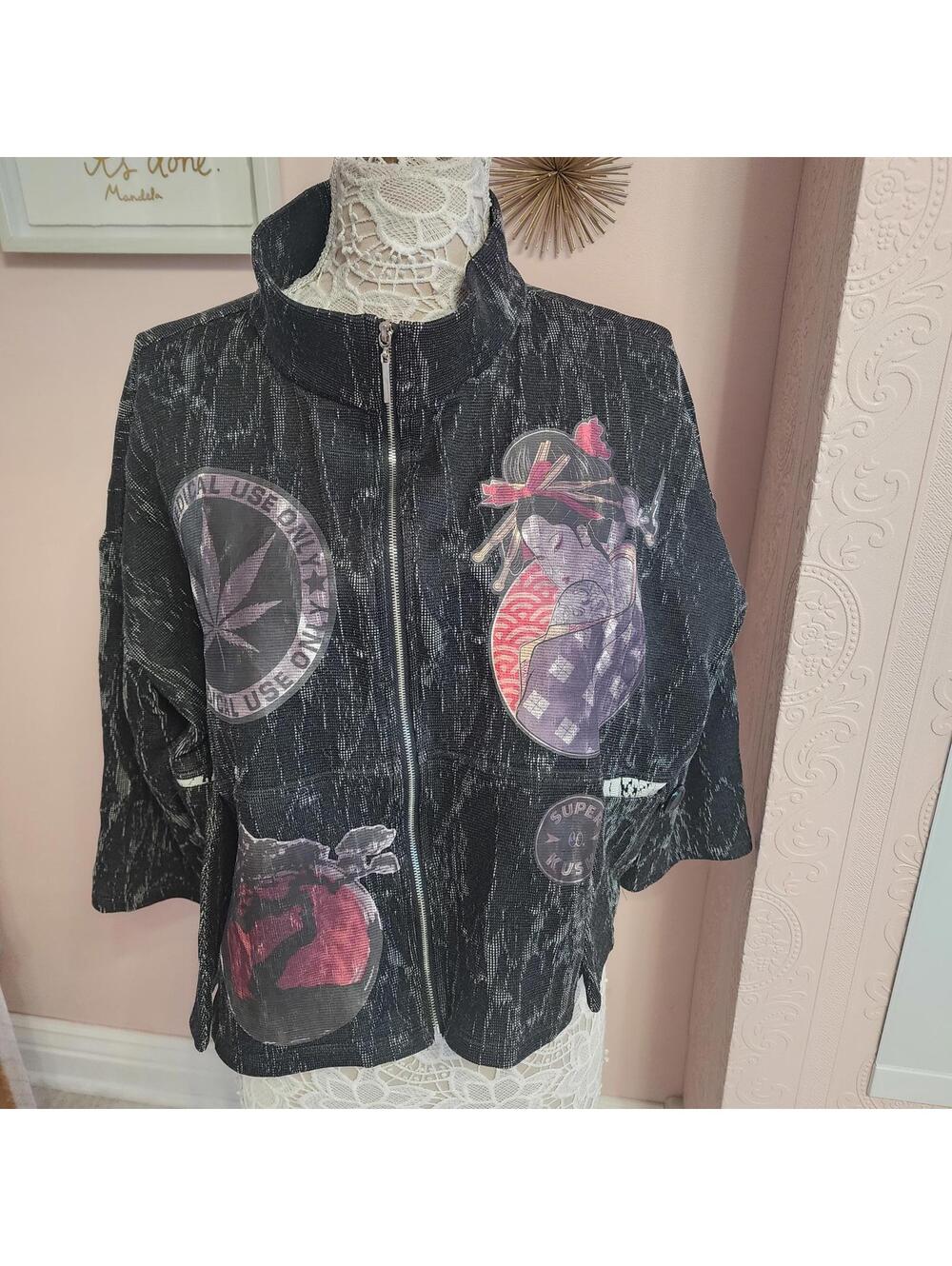 COMFY USA Graphic Art Jacket Black Crinkle Lightweight Women’s S